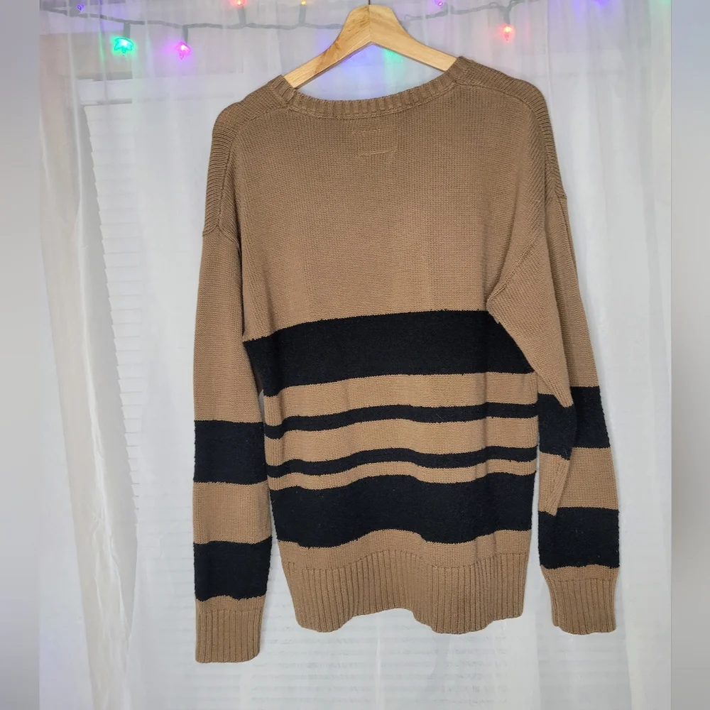 Your Neighbors Oversized Pullover Sweater Womens Size Medium Tan Black Stripes
